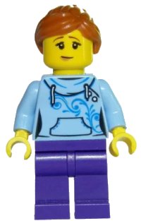 LEGO part Roller Coaster Rider - Female, Bright Light Blue Hoodie, Dark Purple Legs, Dark Orange Ponytail twn325