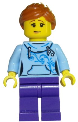 LEGO onderdeel Roller Coaster Rider - Female, Bright Light Blue Hoodie, Dark Purple Legs, Dark Orange Ponytail (twn325)