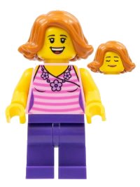 LEGO part Woman, Striped Pink Shirt with Flower Necklace, Dark Purple Legs, Dark Orange Female Hair Short Swept Sideways twn330
