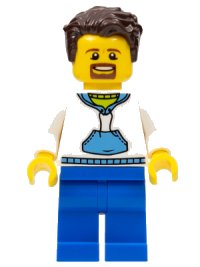 LEGO part Ludo Blue - Male, White Hoodie with Medium Blue Pocket, Blue Legs, Dark Brown Tousled Hair, Goatee twn349