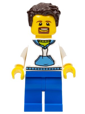 LEGO part Ludo Blue - Male, White Hoodie with Medium Blue Pocket, Blue Legs, Dark Brown Tousled Hair, Goatee (twn349)