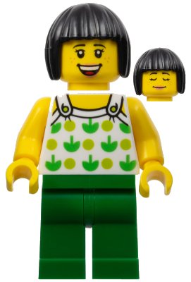 LEGO onderdeel Ludo Green - Female, White Halter Top with Green Apples and Lime Spots, Green Legs, Black Bob Cut Hair, Freckles (twn350)
