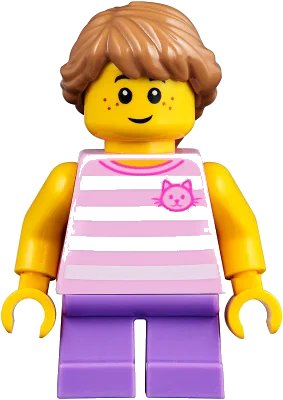 LEGO onderdeel Child - Girl, Bright Pink Striped Shirt with Cat Head, Medium Lavender Short Legs, Medium Nougat Braided Hair (twn356)