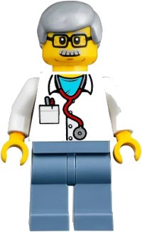 LEGO onderdeel Veterinarian Dr. Jones with Light Bluish Gray Hair, Glasses, Red Stethoscope and Sand Blue Legs twn357