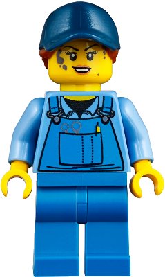 LEGO onderdeel Mechanic - Female, Blue Overalls over Medium Blue Shirt, Blue Legs, Dark Blue Cap with Dark Orange Ponytail, No Back Print (twn358)