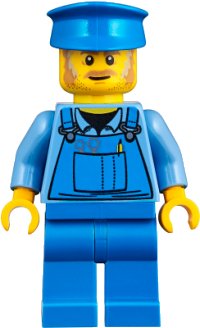 LEGO part Mechanic - Male, Blue Overalls over Medium Blue Shirt, Blue Legs, Blue Police Hat, Dark Tan Moustache and Sideburns, No Back Print twn361