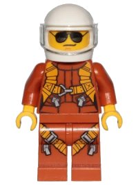 LEGO onderdeel Pilot - Dark Orange Jumpsuit, Dark Orange Legs with Straps, White Helmet, Trans-Clear Visor, Black and Silver Sunglasses twn364