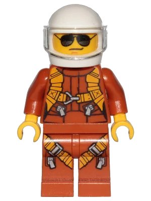 LEGO onderdeel Pilot - Dark Orange Jumpsuit, Dark Orange Legs with Straps, White Helmet, Trans-Clear Visor, Black and Silver Sunglasses (twn364)