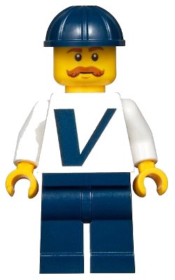 LEGO onderdeel Male with Vestas Logo on Torso, Dark Blue Legs, Dark Blue Construction Helmet, Moustache (twn366)