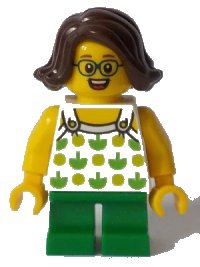 LEGO onderdeel Child - Girl, White Halter Top with Green Apples and Lime Spots, Green Short Legs, Dark Brown Hair, Glasses twn370