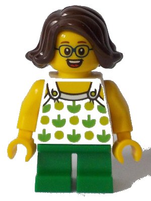 LEGO onderdeel Child - Girl, White Halter Top with Green Apples and Lime Spots, Green Short Legs, Dark Brown Hair, Glasses (twn370)
