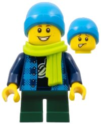 LEGO part Child - Boy, Flannel Vest over Shirt with Banana, Dark Green Short Legs, Dark Azure Beanie, Freckles, Lime Scarf twn383
