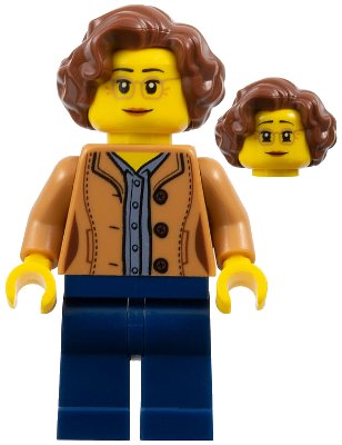 LEGO onderdeel Female, Short Reddish Brown Hair, Medium Nougat Glasses and Shirt, Dark Blue Legs (twn384)