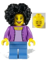 LEGO part Female, Bushy Black Hair, Medium Lavender Jacket on Lavender Shirt, Medium Blue Legs twn385