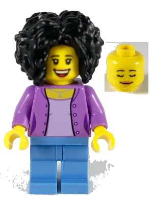LEGO onderdeel Female, Bushy Black Hair, Medium Lavender Jacket on Lavender Shirt, Medium Blue Legs (twn385)