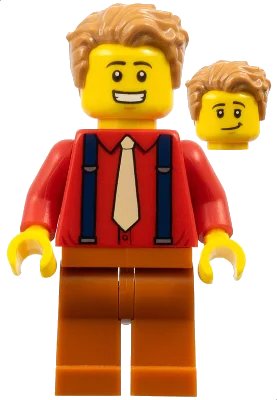 LEGO onderdeel Male, Medium Nougat Hair, Red Shirt, Tan Tie, Dark Blue Suspenders, Dark Orange Legs (twn386)