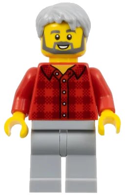 LEGO onderdeel Male, Red Plaid Flannel Shirt, Light Bluish Gray Legs, Light Bluish Gray Hair, Dark Bluish Gray Beard (twn387)