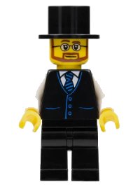 LEGO part Haunted House Butler - Male, Black Vest with Blue Striped Tie, Black Legs, Black Top Hat, Glasses and Beard twn389