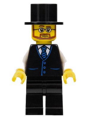 LEGO onderdeel Haunted House Butler - Male, Black Vest with Blue Striped Tie, Black Legs, Black Top Hat, Glasses and Beard (twn389)