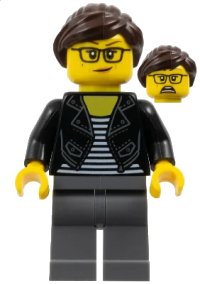 LEGO part Female with Striped Black and White Shirt, Black Jacket, Dark Bluish Gray Legs, Dark Brown Hair twn391