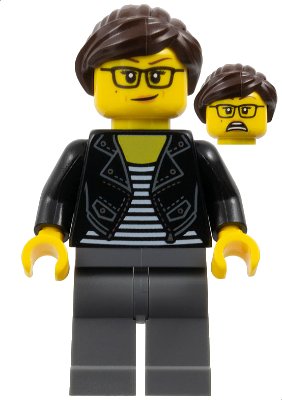 LEGO onderdeel Female with Striped Black and White Shirt, Black Jacket, Dark Bluish Gray Legs, Dark Brown Hair (twn391)