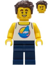 LEGO part Surfer - Male, White Tank Top with Dark Azure Sailboat, Dark Blue Legs, Dark Brown Hair twn407
