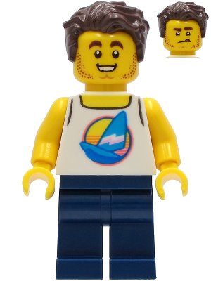 LEGO onderdeel Surfer - Male, White Tank Top with Dark Azure Sailboat, Dark Blue Legs, Dark Brown Hair (twn407)
