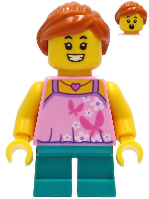 LEGO onderdeel Tourist - Girl, Bright Pink Top with Butterflies and Flowers, Dark Turquoise Short Legs, Dark Orange Hair (twn408)