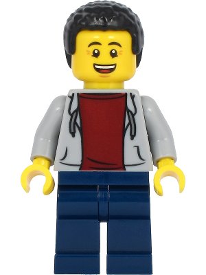 LEGO onderdeel Dad - Light Bluish Gray Hoodie with Dark Red Shirt, Dark Blue Legs, Black Hair (twn412)