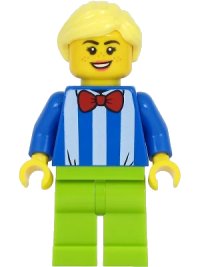 LEGO part Fairground Worker - Female, White Stripes and Red Bow Tie, Lime Legs, Bright Light Yellow Hair twn414