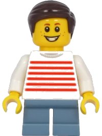 LEGO part Child - Boy, White Sweater with Red Horizontal Stripes, Sand Blue Short Legs, Dark Brown Hair, Freckles twn415