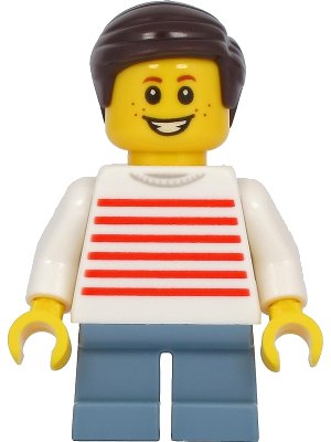 LEGO onderdeel Child - Boy, White Sweater with Red Horizontal Stripes, Sand Blue Short Legs, Dark Brown Hair, Freckles (twn415)