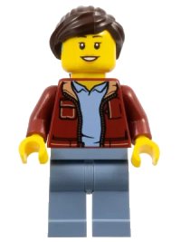 LEGO part Woman, Dark Red Jacket with Bright Light Blue Shirt, Sand Blue Legs, Dark Brown Hair twn430