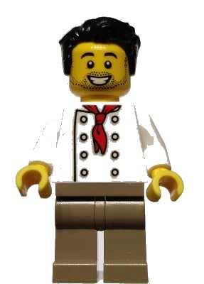 LEGO onderdeel Chef - White Torso with 8 Buttons, No Wrinkles Front or Back, Dark Tan Legs, Black Hair (twn431)