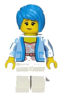 LEGO part Woman - Bright Light Blue Jacket over White Shirt with Coral Flowers, White Legs, Dark Azure Tousled Hair twn437