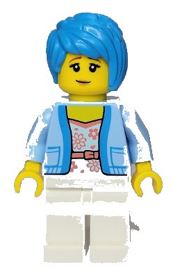 LEGO onderdeel Woman - Bright Light Blue Jacket over White Shirt with Coral Flowers, White Legs, Dark Azure Tousled Hair (twn437)