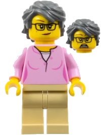 LEGO part Woman, Bright Pink Shirt, Tan Legs, Dark Bluish Gray Swept Back Tousled Hair twn438