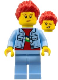 LEGO part Woman, Bright Light Blue Denim Jacket, Bright Light Blue Legs, Red Spiked Hair twn440