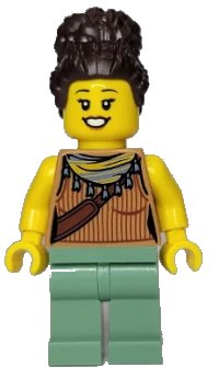 LEGO part Woman, Medium Nougat Tank Top with Reddish Brown Ribbing and Should Bag, Sand Green Legs, Dark Brown Coiled Hair in High Bun twn442