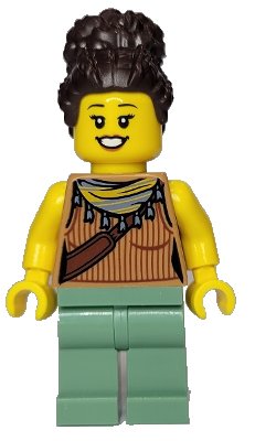 LEGO onderdeel Woman, Medium Nougat Tank Top with Reddish Brown Ribbing and Should Bag, Sand Green Legs, Dark Brown Coiled Hair in High Bun (twn442)