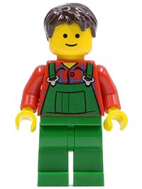 LEGO onderdeel Overalls Farmer Green, Dark Brown Short Tousled Hair, Standard Grin twn445