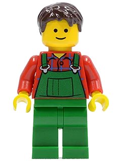 LEGO onderdeel Overalls Farmer Green, Dark Brown Short Tousled Hair, Standard Grin (twn445)