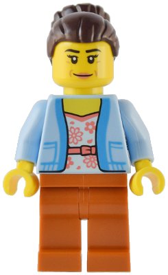 LEGO onderdeel Club Owner / Manager - Female, Bright Light Blue Jacket over White Shirt with Coral Flowers, Dark Orange Legs, Dark Brown Hair with Bun (twn454)