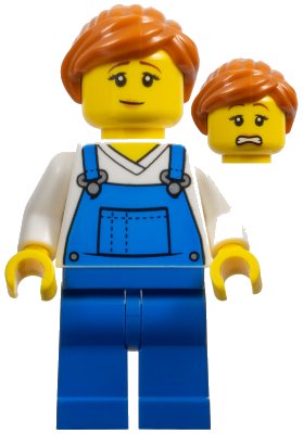 LEGO onderdeel Mover - Female, Blue Overalls over V-Neck Shirt, Blue Legs, Dark Orange Ponytail (twn459)