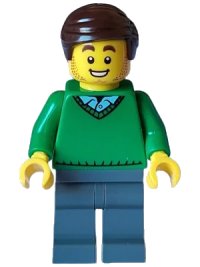 LEGO onderdeel Mover - Male, Green V-Neck Sweater, Dark Bluish Gray Legs, Dark Brown Hair twn460