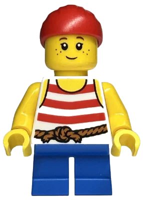 LEGO onderdeel Child - Girl, Pirate Costume, White Tank Top with Red Stripes, Blue Short Legs, Red Bandana (twn463)
