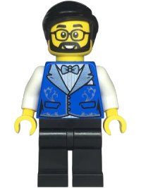 LEGO onderdeel Hotel Receptionist - Male, Blue Vest with Metallic Light Blue Lapels, Black Legs, Black Hair, Beard and Glasses twn472
