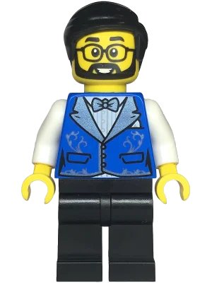 LEGO onderdeel Hotel Receptionist - Male, Blue Vest with Metallic Light Blue Lapels, Black Legs, Black Hair, Beard and Glasses (twn472)