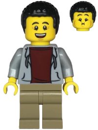 LEGO part Dad - Light Bluish Gray Hoodie with Dark Red Shirt, Dark Tan Legs, Black Hair twn477