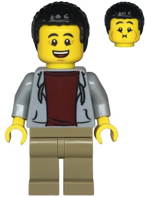 LEGO onderdeel Dad - Light Bluish Gray Hoodie with Dark Red Shirt, Dark Tan Legs, Black Hair (twn477)